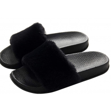 Women's Slippers Fuzzy Slides, Fluffy Sandals Faux Fur Flip Flops Open Toe Soft Indoor Outdoor Pink Black